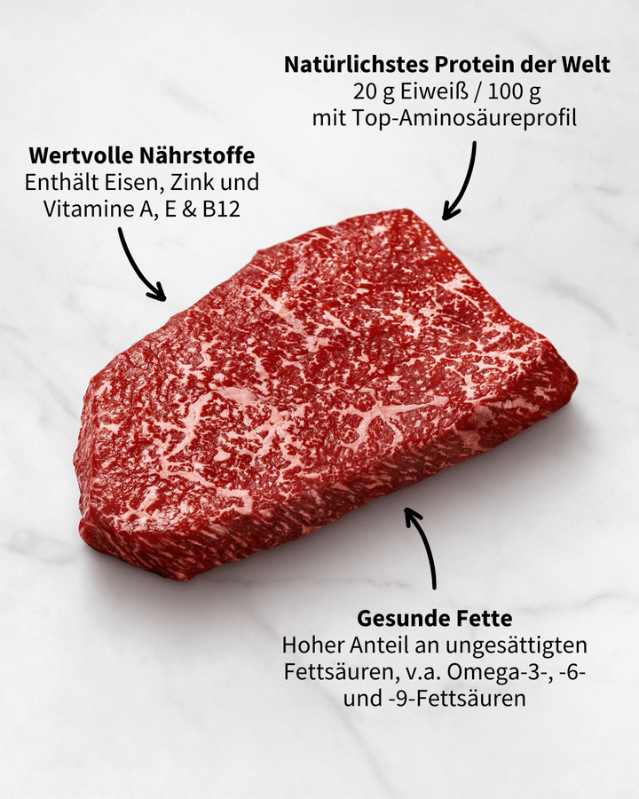 Wagyu Fleisch kann für die Langlebigkeit von Vorteil sein, da es hochwertige Proteine liefert, die für den Erhalt von Muskelmasse und Kraft im Alter wichtig sind